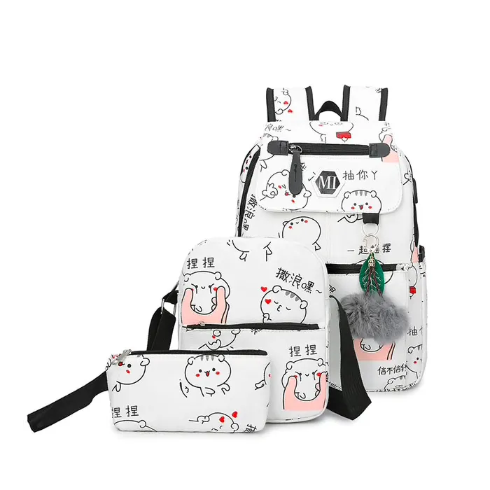 USB charging school backpack canvas 3 pcs set