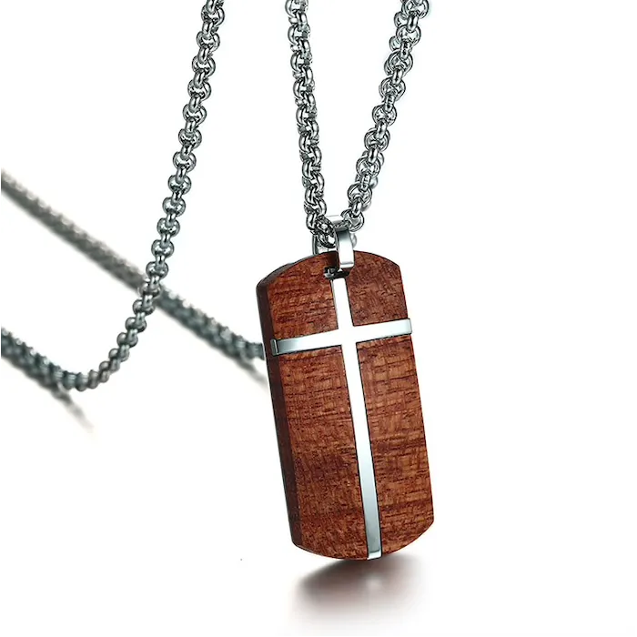Vintage rosewood stainless steel cross necklace