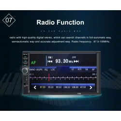 Rádio carro Bluetooth - DIN 2 - 7 ' polegadas LCD touch screen - MP3-MP5 player - USB - MirrorLink