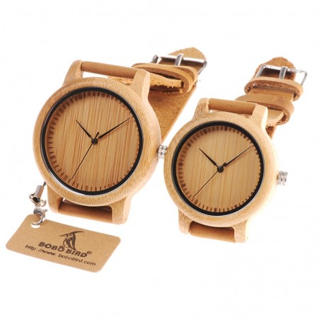 Leather band bamboo Quartz couples watches