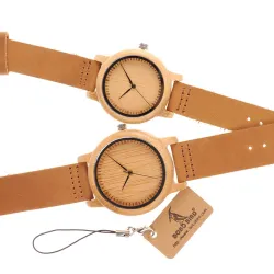 Leather band bamboo Quartz couples watches