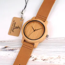Leather band bamboo Quartz couples watches