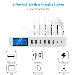 Carregador USB de 8 portas com carregamento sem fio - Tipo-C - display LED e stand