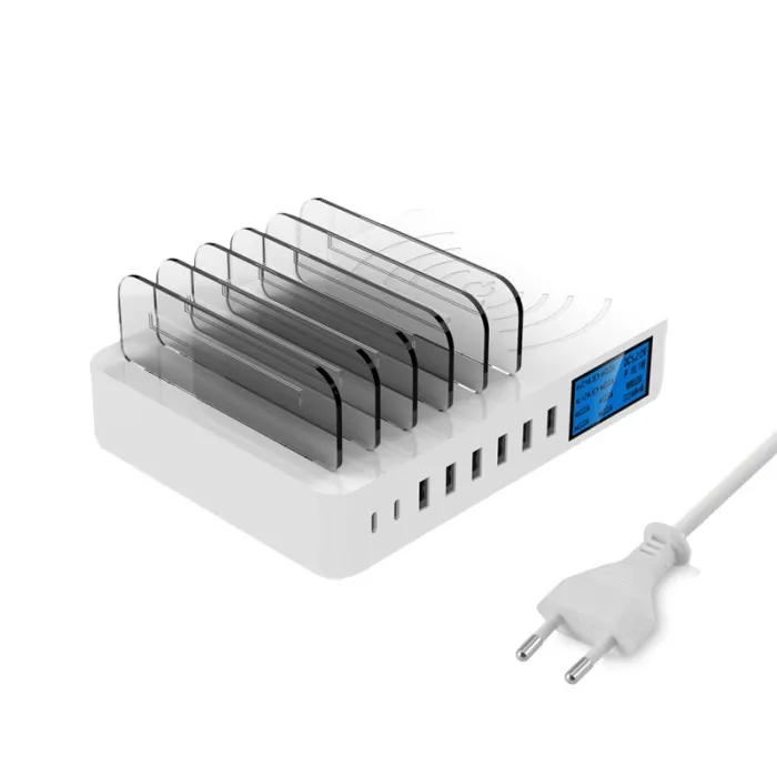 8 Port USB charger with wireless charging - Type-C - LED display and stand