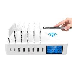 8 Port USB-Ladegerät mit drahtloser Aufladung - Type-C - LED-Anzeige und Stand