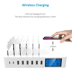 Chargeur USB 8 Port avec charge sans fil - Type-C - Affichage LED et stand