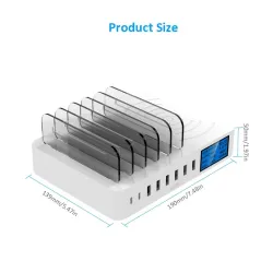 Carregador USB de 8 portas com carregamento sem fio - Tipo-C - display LED e stand