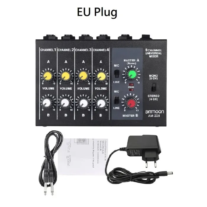 AM-228 sekoituskonsoli - ultra-kompakti - matala melu - 8 kanavaa äänimixer virta adapteri