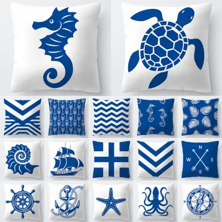 Azul e branco padrões do mar - almofada cobrir - 45 * 45cm