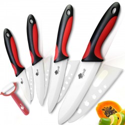 A set of ceramic knives with a peeler