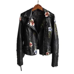 ChaquetasEstilo Punk - bordado floral - chaqueta de cuero