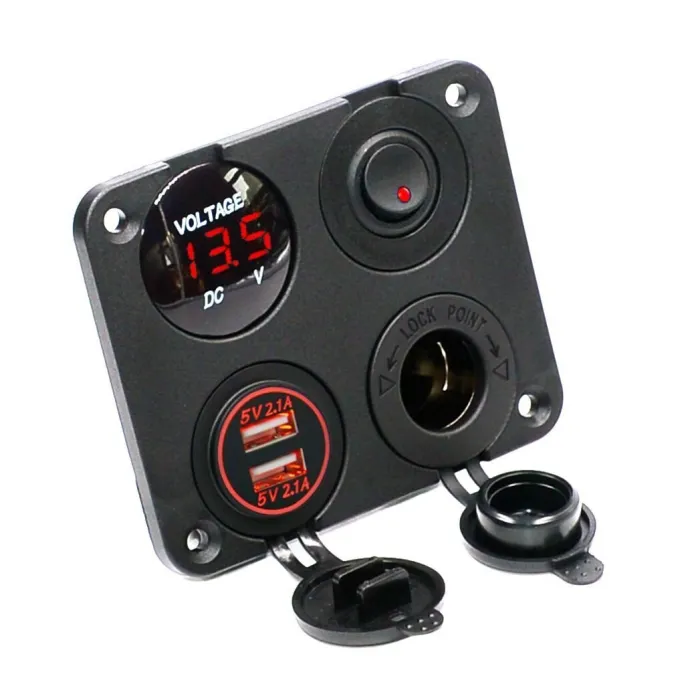 Dual USB socket charger 2.1A+2.1A + 12V power outlet + ON-OFF switch LED voltmeter 4 in 1 charger panel for car & motorcycleD...