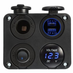 Dual USB socket charger 2.1A+2.1A + 12V power outlet + ON-OFF switch LED voltmeter 4 in 1 charger panel for car & motorcycle