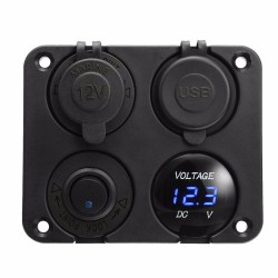 Dual USB socket charger 2.1A+2.1A + 12V power outlet + ON-OFF switch LED voltmeter 4 in 1 charger panel for car & motorcycleD...