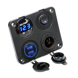Dual USB socket charger 2.1A+2.1A + 12V power outlet + ON-OFF switch LED voltmeter 4 in 1 charger panel for car & motorcycleD...