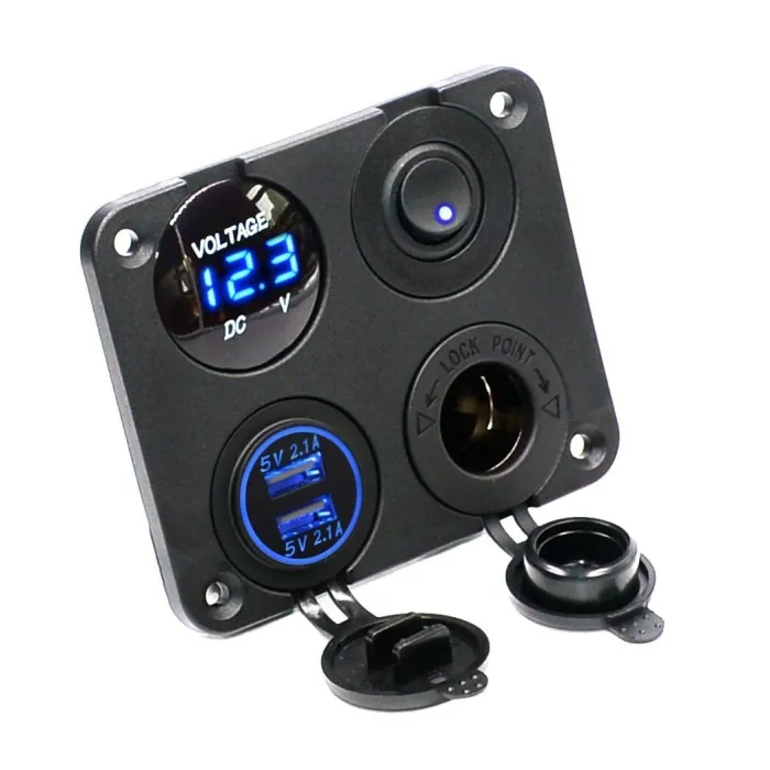 Dual USB Steckdose Ladegerät 2.1A+2.1A + 12V & ON-OFF Schalter LED Voltmeter 4 in 1 Ladegerät Panel für Auto & Motorrad