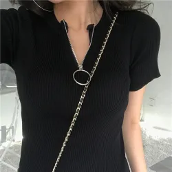 Casual manga curta top com zíper - t-shirt