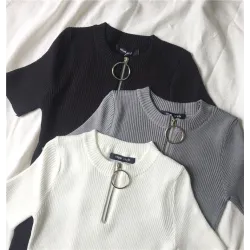 Casual manga curta top com zíper - t-shirt