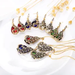 National wind crystal drop gem peacock pendant earrings - jewelry setSieradensets