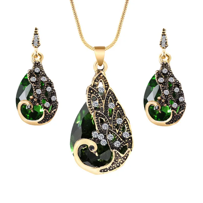 Boucles d'oreilles & collier avec paon en cristal - ensemble de bijoux