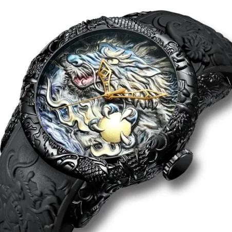 Montre quartz étanche de luxe avec sculpture dragon