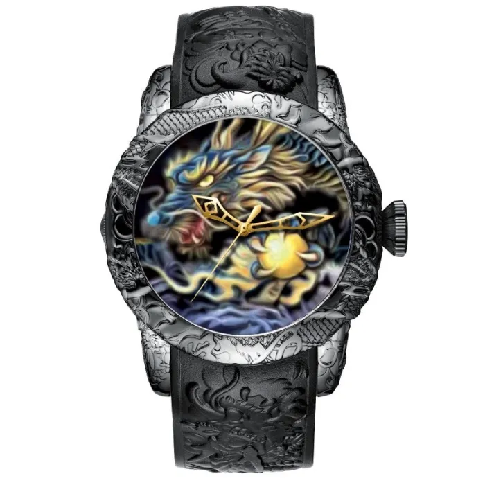 Luxury waterproof quartz watch with dragon sculptureHorloges