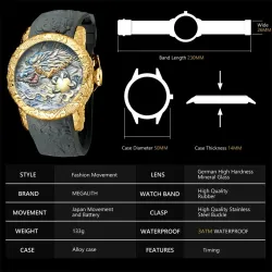 Montre quartz étanche de luxe avec sculpture dragon