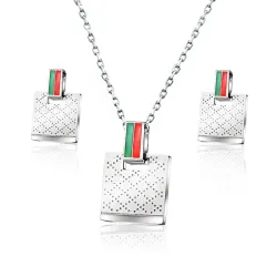 Quadratische Ohrringe & Halskette - Silber - Edelstahl Schmuckset