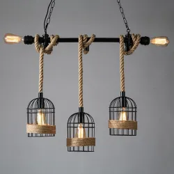 Retro järn hängande lampa med hand stickade rep - ljus i bur