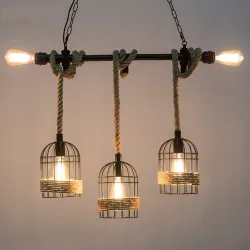 Lampada a sospensione in ferro retrò con corda a mano in maglia - luci in gabbia
