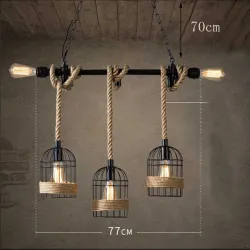 Retro iron hanging lamp with hand knitted rope - lights in cage