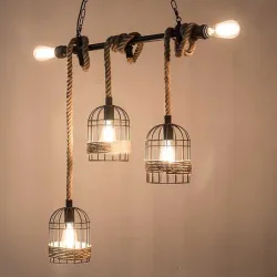 Retro järn hängande lampa med hand stickade rep - ljus i bur