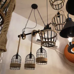 Retro iron hanging lamp with hand knitted rope - lights in cage