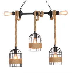 Retro järn hängande lampa med hand stickade rep - ljus i bur