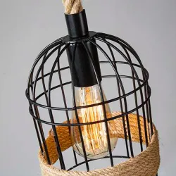 Retro iron hanging lamp with hand knitted rope - lights in cage