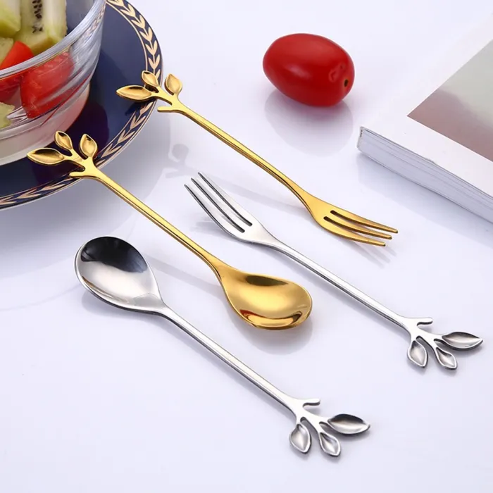 Leaf shaped handle - tea spoon & fork for tea - coffee & desserts
