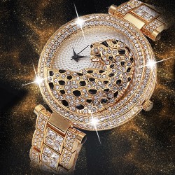 Luksusowy złoty zegarek kwarcowy z brylantami i lampartemZegarki
