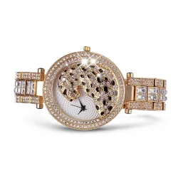 Lyx guld kvarts klocka med diamanter & leopard
