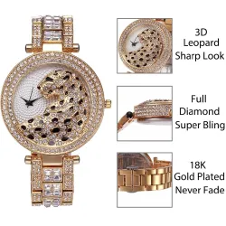 RelojesReloj de cuarzo de oro de lujo con diamantes & leopardo