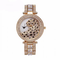 Luxury gold quartz watch with diamonds & leopardHorloges