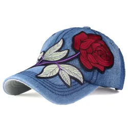 Jeans baseball cap with red rose
