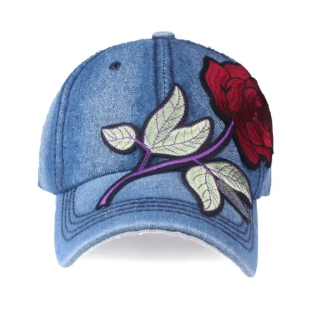 Jeans baseball cap with red rose