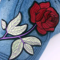 Jeans baseball cap with red rose