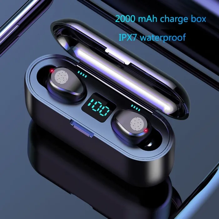 Auricolare Bluetooth wireless V5.0 F9 TWS - Display LED - banca di alimentazione 2000mAh - auricolare con microfono