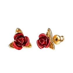 Gold stud earrings with red rose