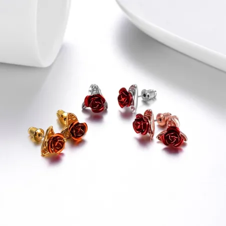 Gold stud earrings with red rose