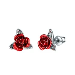 Gold stud earrings with red rose