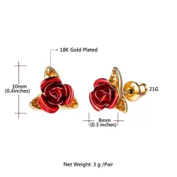 Gold stud earrings with red rose