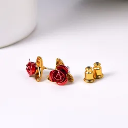 Gold stud earrings with red rose