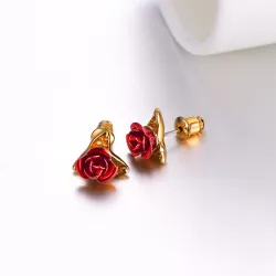 Gold stud earrings with red rose